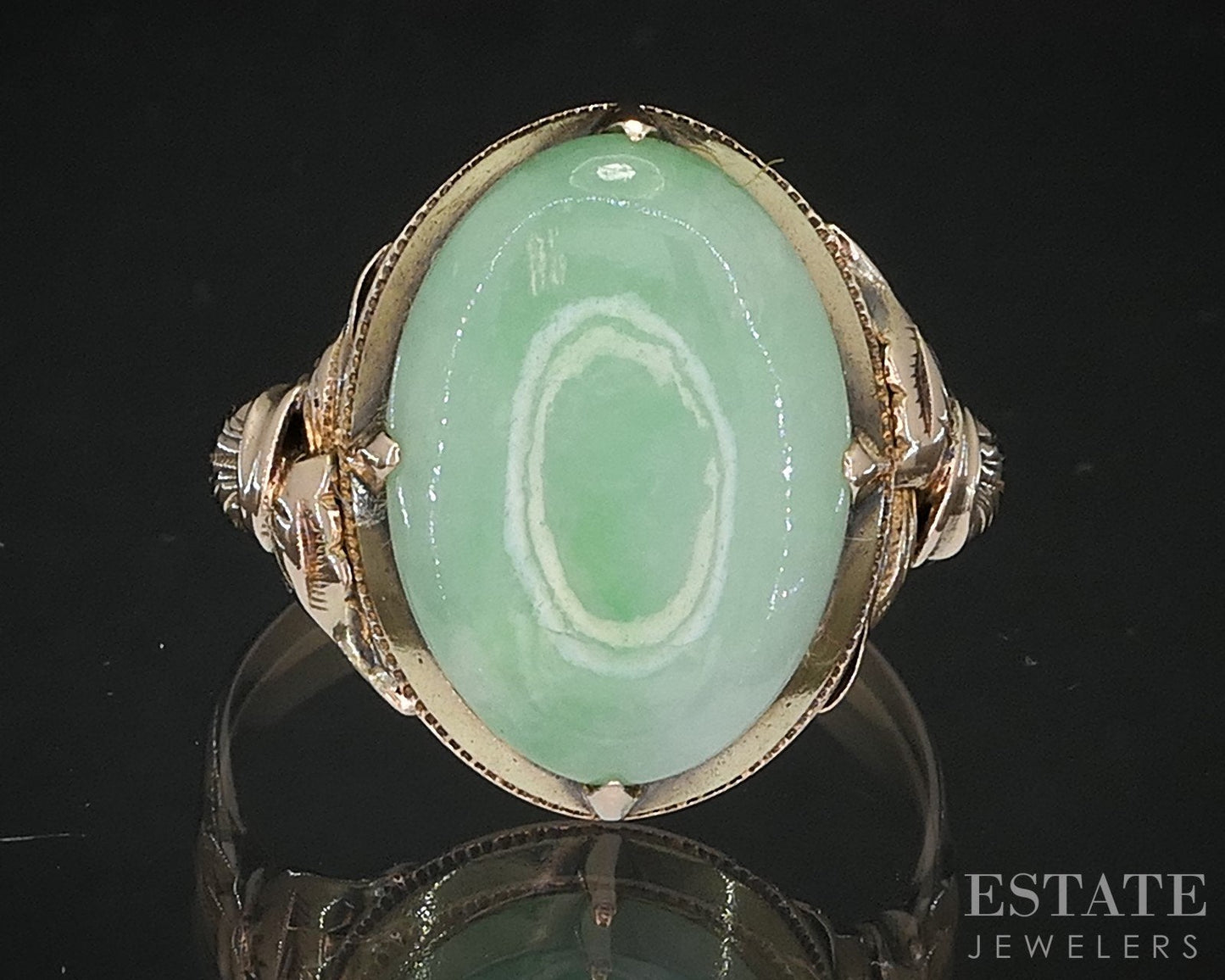 Vintage 14k Yellow Gold Oval Natural Jadeite Jade Ladies Ring 4.6g i19349