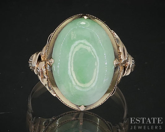 Vintage 14k Yellow Gold Oval Natural Jadeite Jade Ladies Ring 4.6g i19349
