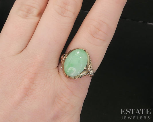Vintage 14k Yellow Gold Oval Natural Jadeite Jade Ladies Ring 4.6g p83564