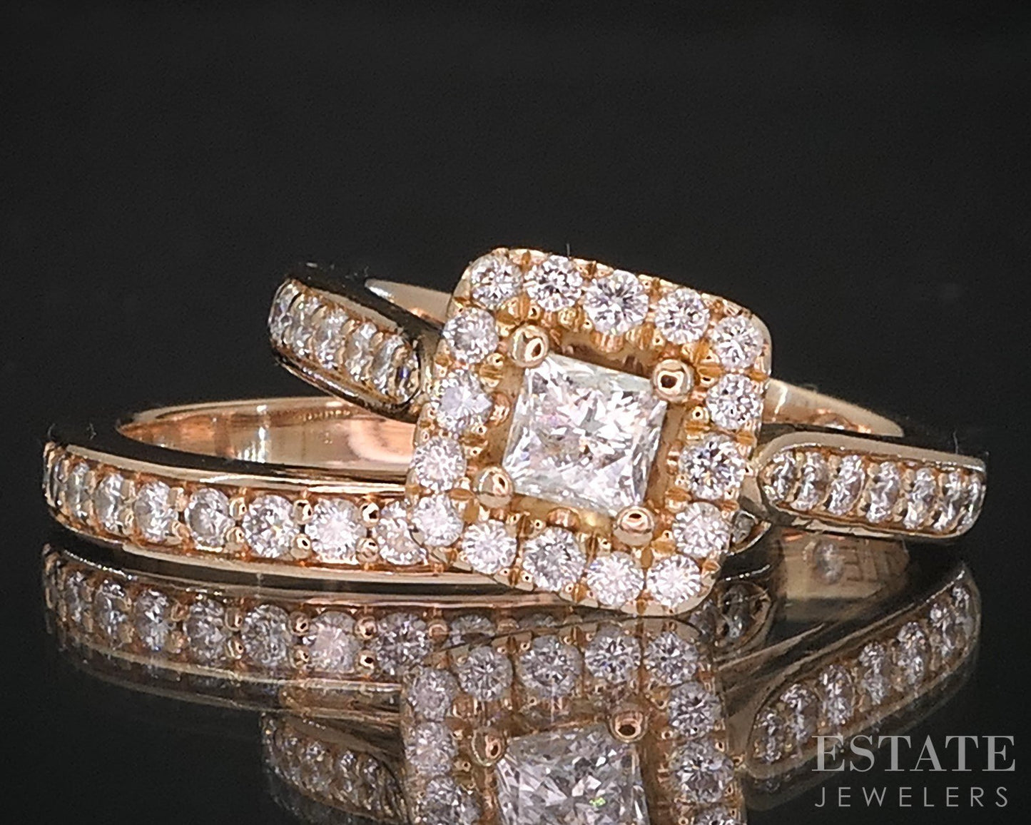 14k Rose Gold Princess LEO Natural .89ctw Diamond Wedding Set 8.1g p83562