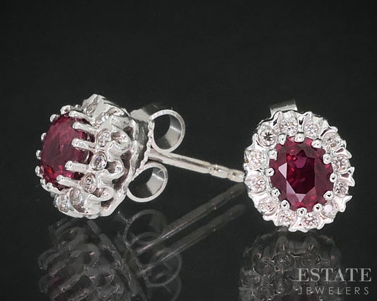 14k White Gold Natural Ruby & Diamond Halo Stud Earrings 1.7g i19320