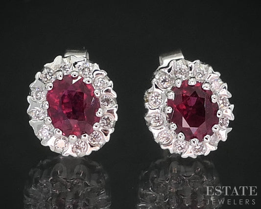14k White Gold Natural Ruby & Diamond Halo Stud Earrings 1.7g i19320
