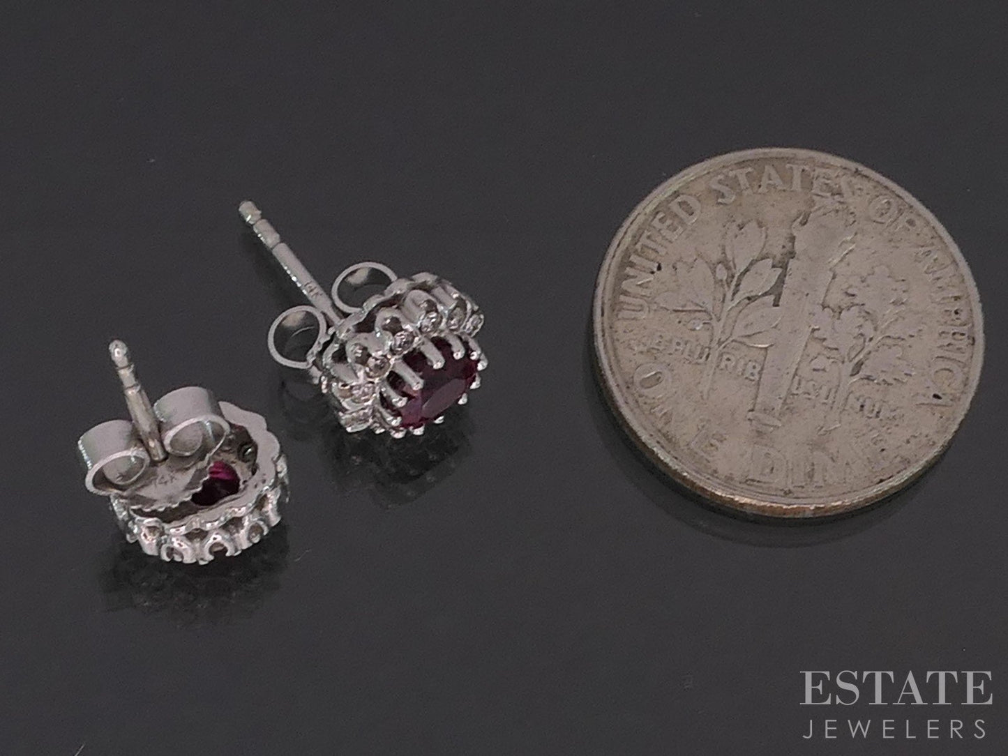 14k White Gold Natural Ruby & Diamond Halo Stud Earrings 1.7g i19320