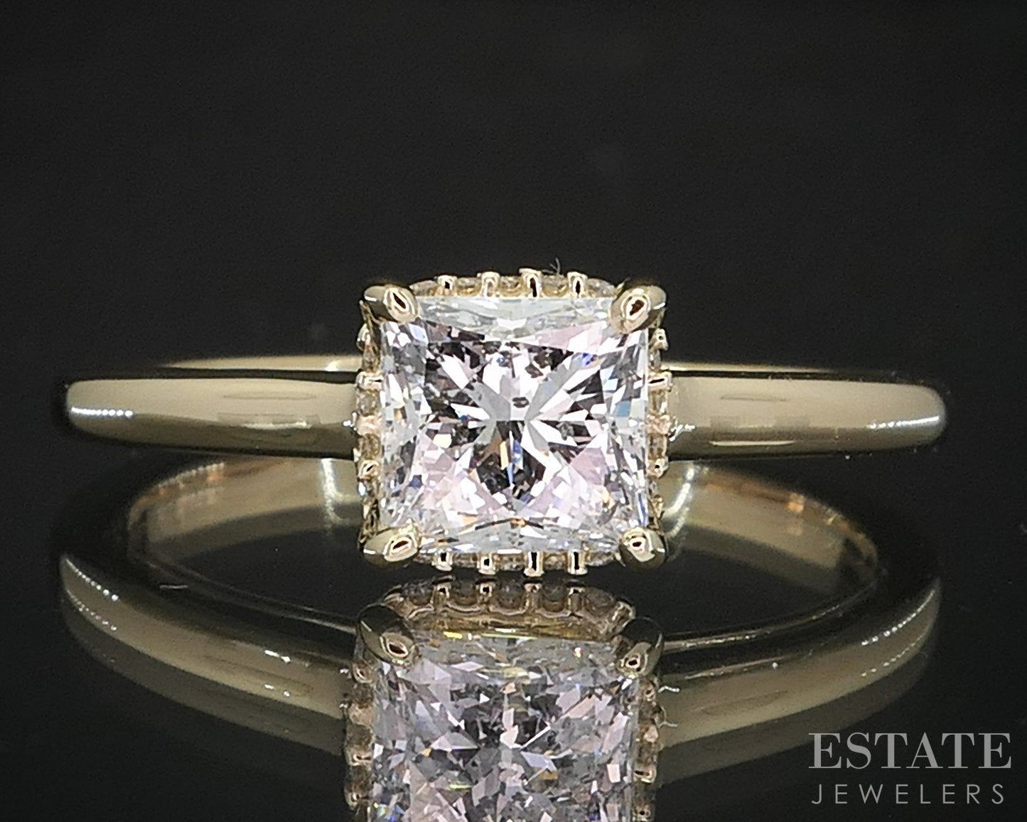 14k Yellow Gold LEO Princess Natural .97ct Diamond Halo Engagement Ring i19356