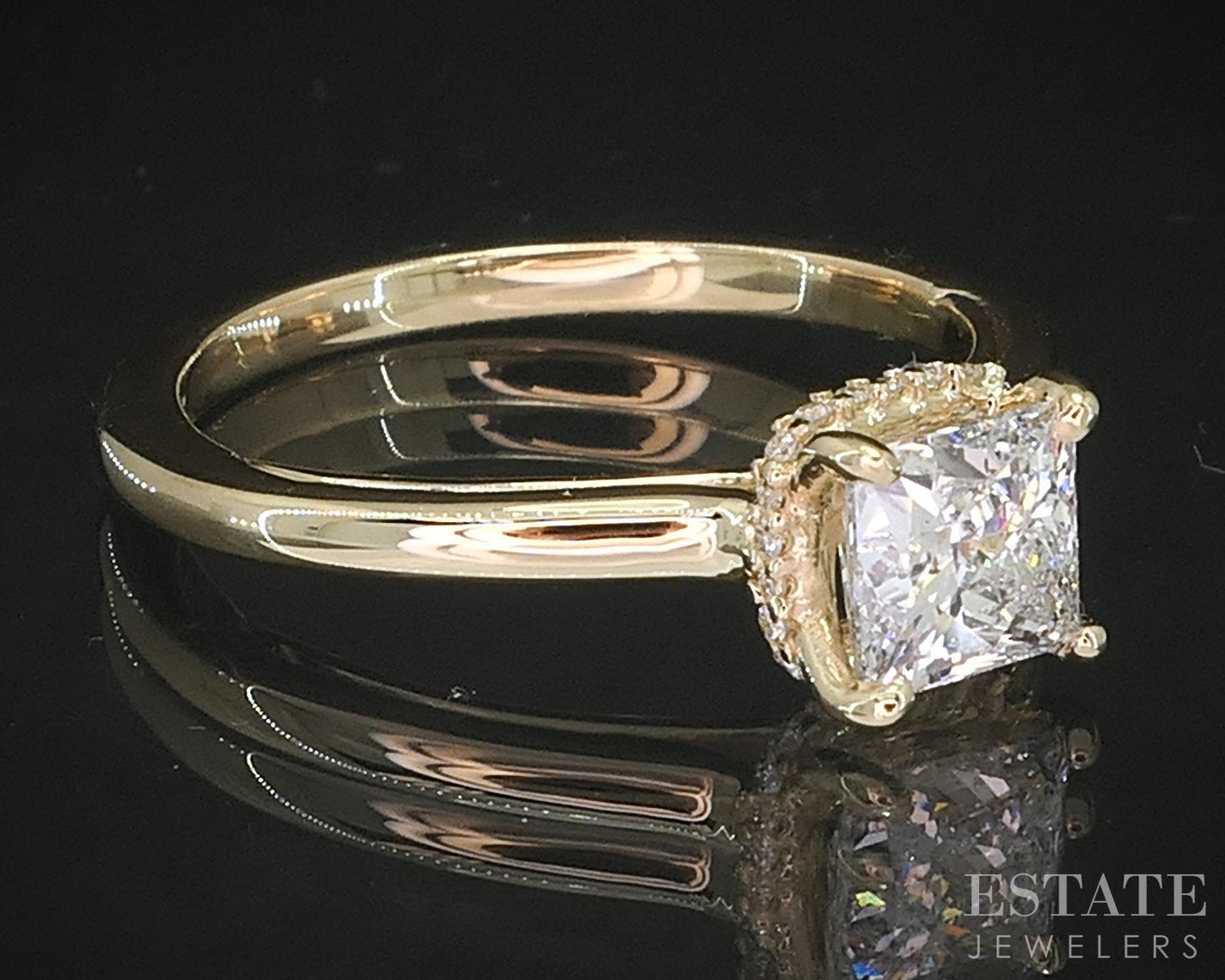 14k Yellow Gold LEO Princess Natural .97ct Diamond Halo Engagement Ring i19356