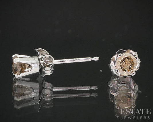 14k White Gold Round Natural .22ctw Champagne Diamond Stud Earrings i19386b
