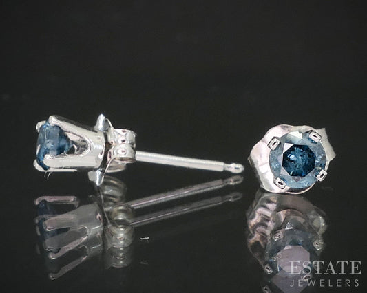 14k White Gold Round Natural .22ctw Blue Diamond Stud Earrings i19387b