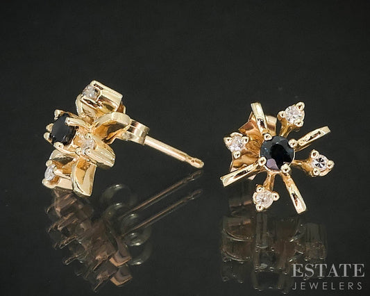 14k Yellow Gold Natural Sapphire & Diamond Cluster Stud Earrings 1.9g i19402b