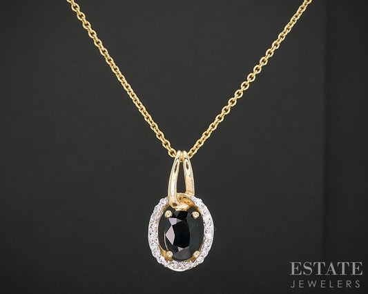 14k Yellow Gold Natural Blue Sapphire & Diamond Halo Necklace 3.4g 18"L i19393b