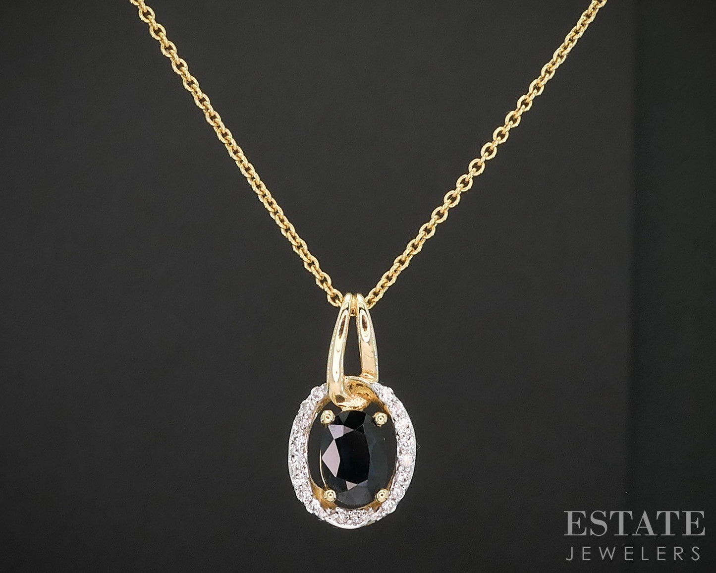 14k Yellow Gold Natural Blue Sapphire & Diamond Halo Necklace 3.4g 18"L i19393b