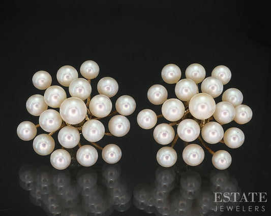 14k Yellow Gold 4-5mm Cultured Akoya Pearl Cluster Stud Earrings 7.3g i19403