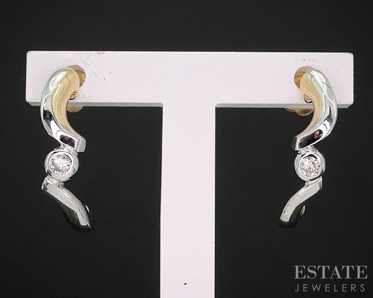 14k Yellow & White Gold Natural .05ctw Diamond J Hoop Earrings 1.9g i19467b