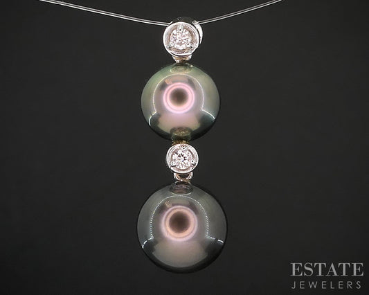 14k White Gold Tahitian Black Pearl & Diamond Ladies Pendant 2.6g i19470b