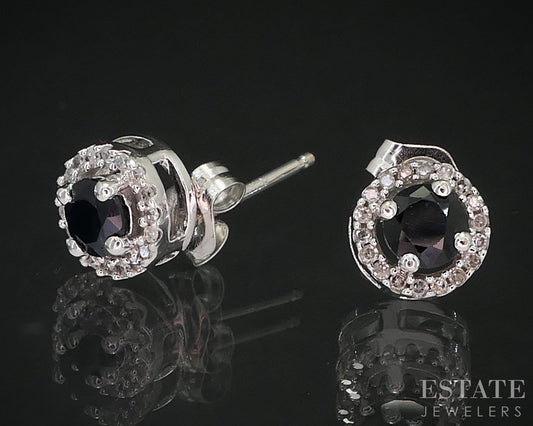 14k White Gold Natural Blue Diamond & Sapphire Halo Stud Earrings 1.5g i19471b