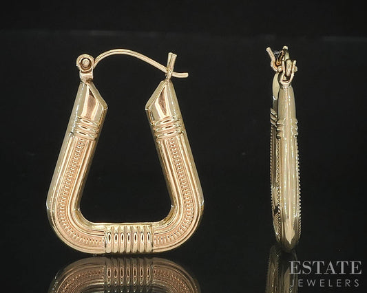 14k Yellow Gold Triangle Puffy Milgrain Hoop Ladies Earrings 2.4g i19459b
