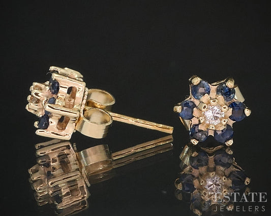 14k Yellow Gold Natural Sapphire & Diamond Cluster Stud Earrings 1.5g i19474b