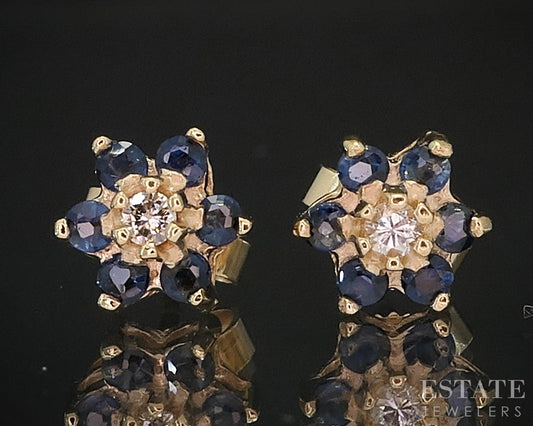 14k Yellow Gold Natural Sapphire & Diamond Cluster Stud Earrings 1.5g i19474b