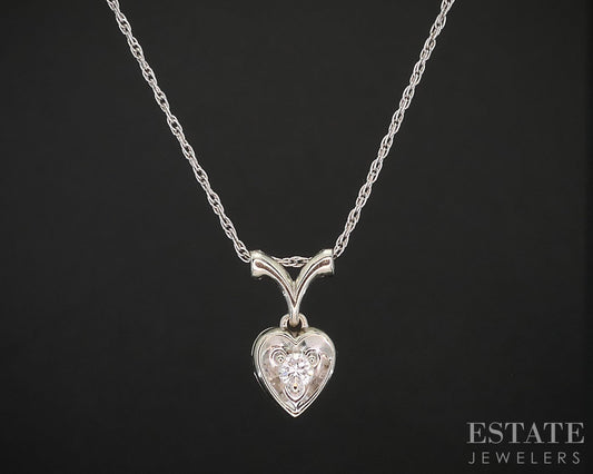 Vintage 14k White Gold Natural Diamond Heart Necklace 2.1g 16"L i19457b