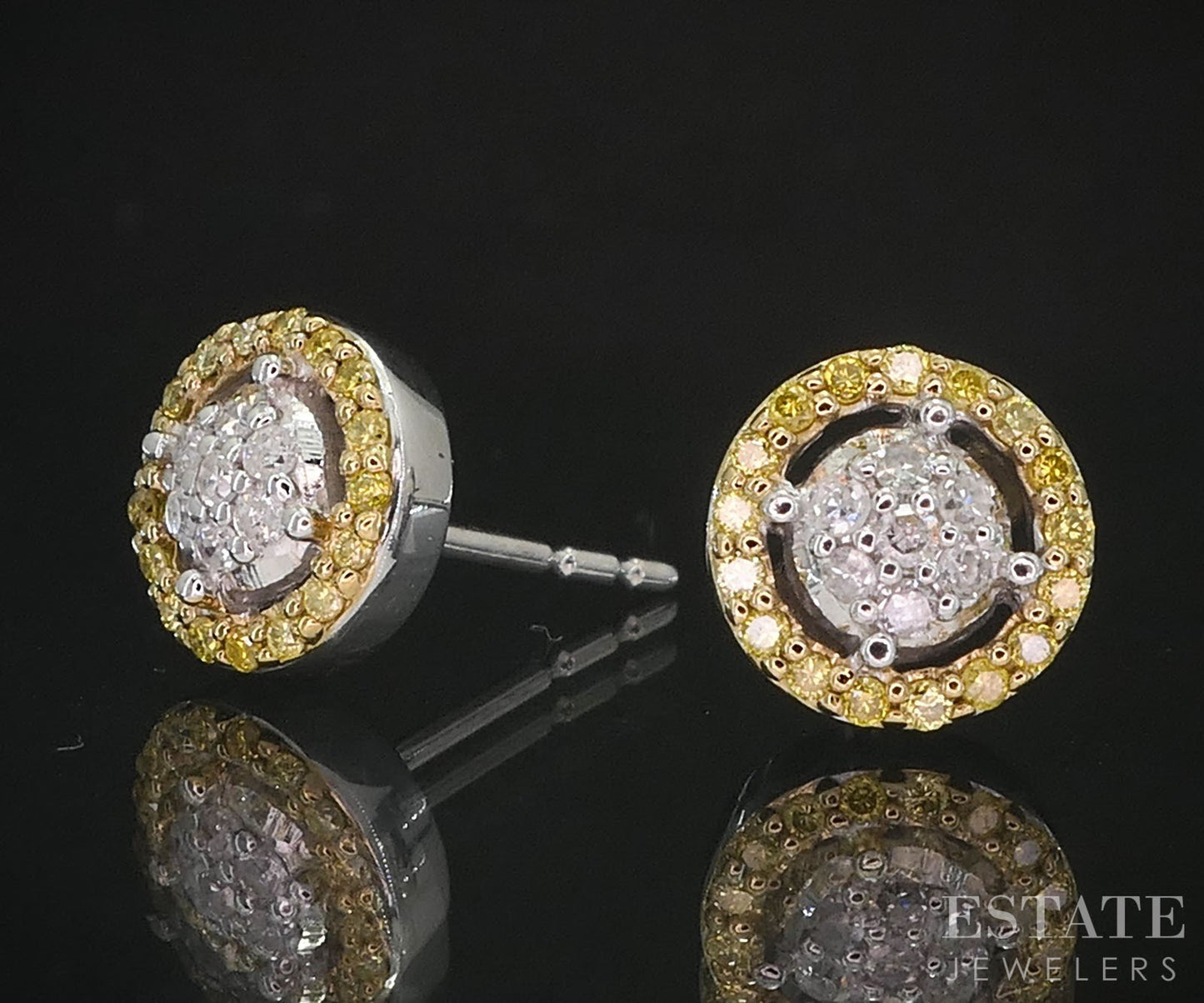 10k White Gold Natural Yellow & White Diamond Button Stud Earrings 1.3g i19438b