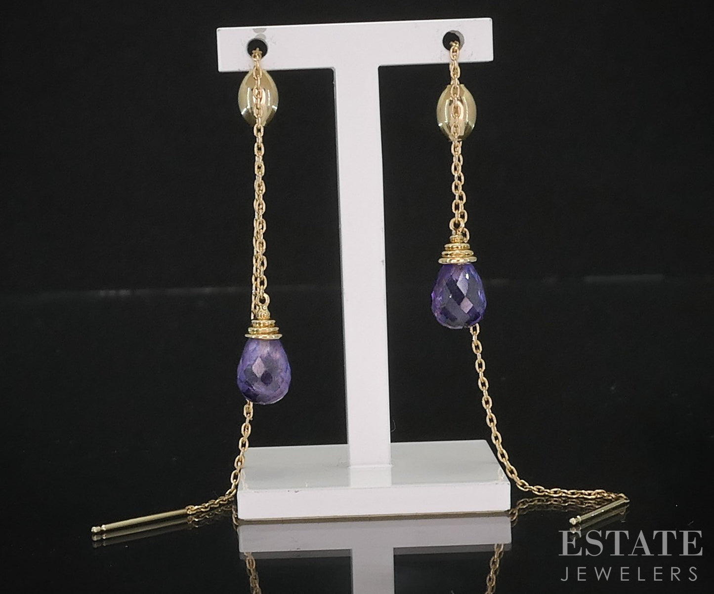14k Yellow Gold Natural Amethyst Stringer Dangle Earrings 2.3g i19449b