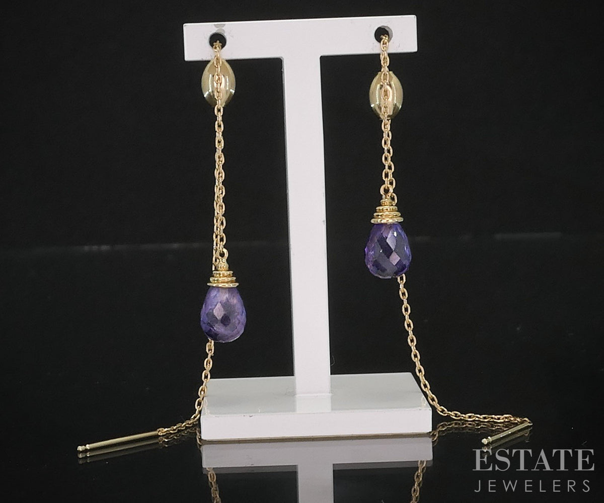 14k Yellow Gold Natural Amethyst Stringer Dangle Earrings 2.3g i19449b