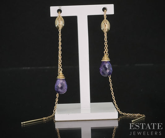 14k Yellow Gold Natural Amethyst Stringer Dangle Earrings 2.3g i19449b