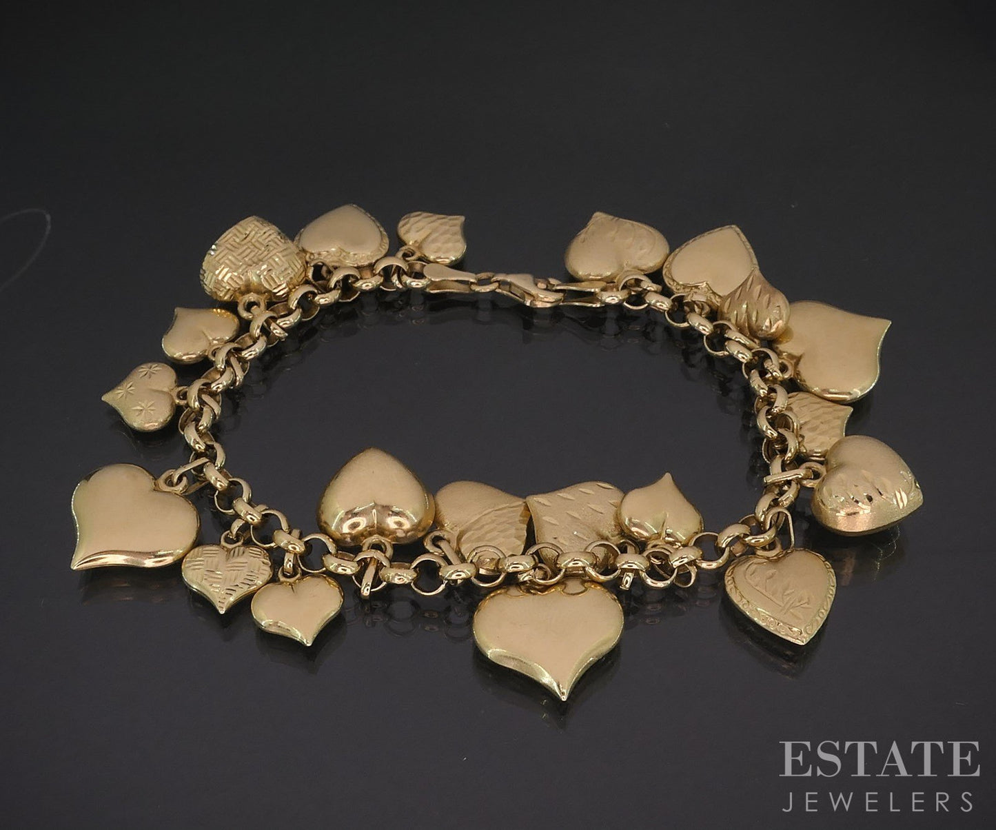 14k Yellow Gold Puffy Heart Charm Ladies Bracelet 14.7g 7"L i19435b