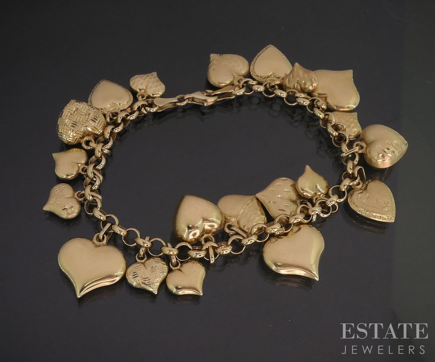 14k Yellow Gold Puffy Heart Charm Ladies Bracelet 14.7g 7"L i19435b