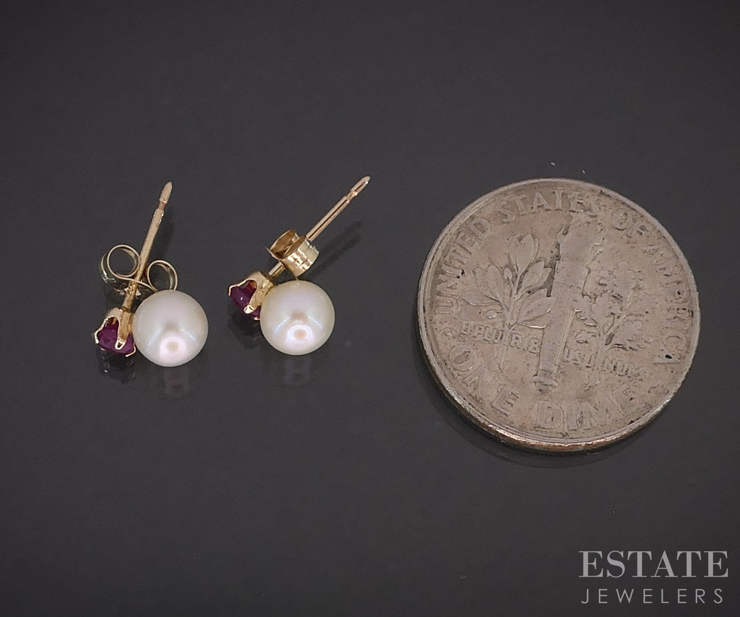 10k Yellow Gold 4.6mm Cultured Pearl & Ruby Stud Ladies Earrings i19436b