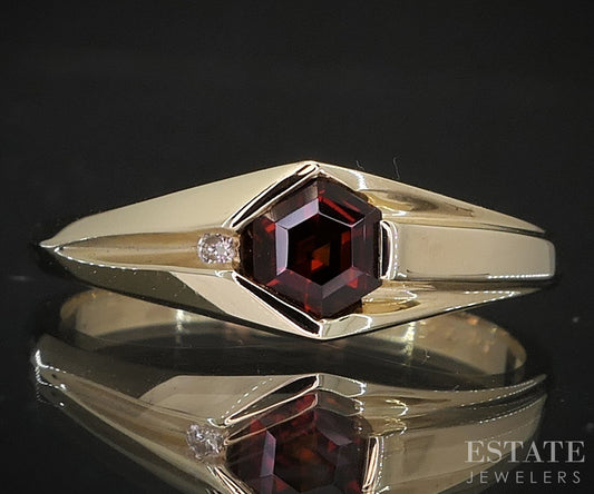 10k Yellow Gold Hexagon Cut Natural Garnet & Diamond Ladies Ring 2.4g i19446b