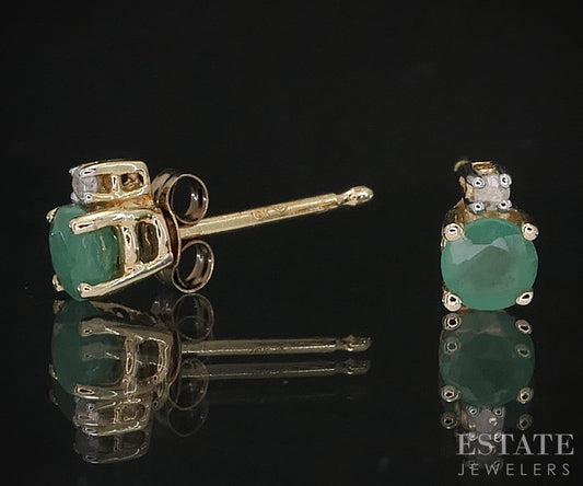 10k Yellow Gold Natural Emerald & Diamond Stud Earrings 0.6g i19431b