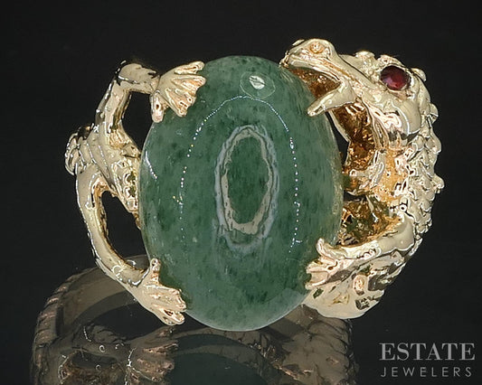 Vintage 14k Yellow Gold Oval Natural Aventurine & Diamond Dragon Ring 9g i19477