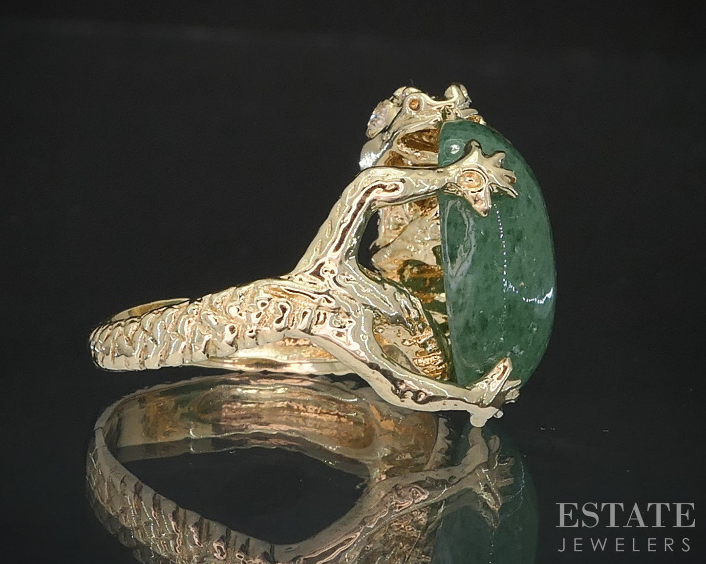 Vintage 14k Yellow Gold Oval Natural Aventurine & Diamond Dragon Ring 9g i19477