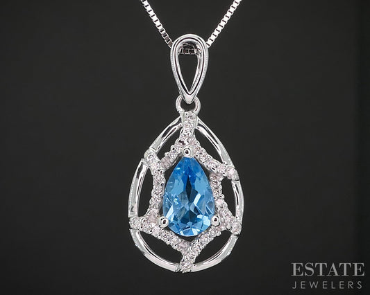14k White Gold Pear Natural Blue Topaz & Diamond Ladies Necklace 3g 18"L i19417
