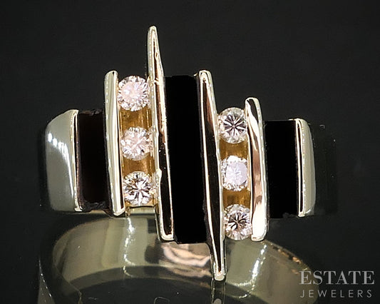 Vintage 14k Yellow Gold Natural Black Onyx & Diamond Ladies Ring 6.4g i19426