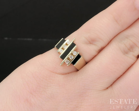 Vintage 14k Yellow Gold Natural Black Onyx & Diamond Ladies Ring 6.4g i19426