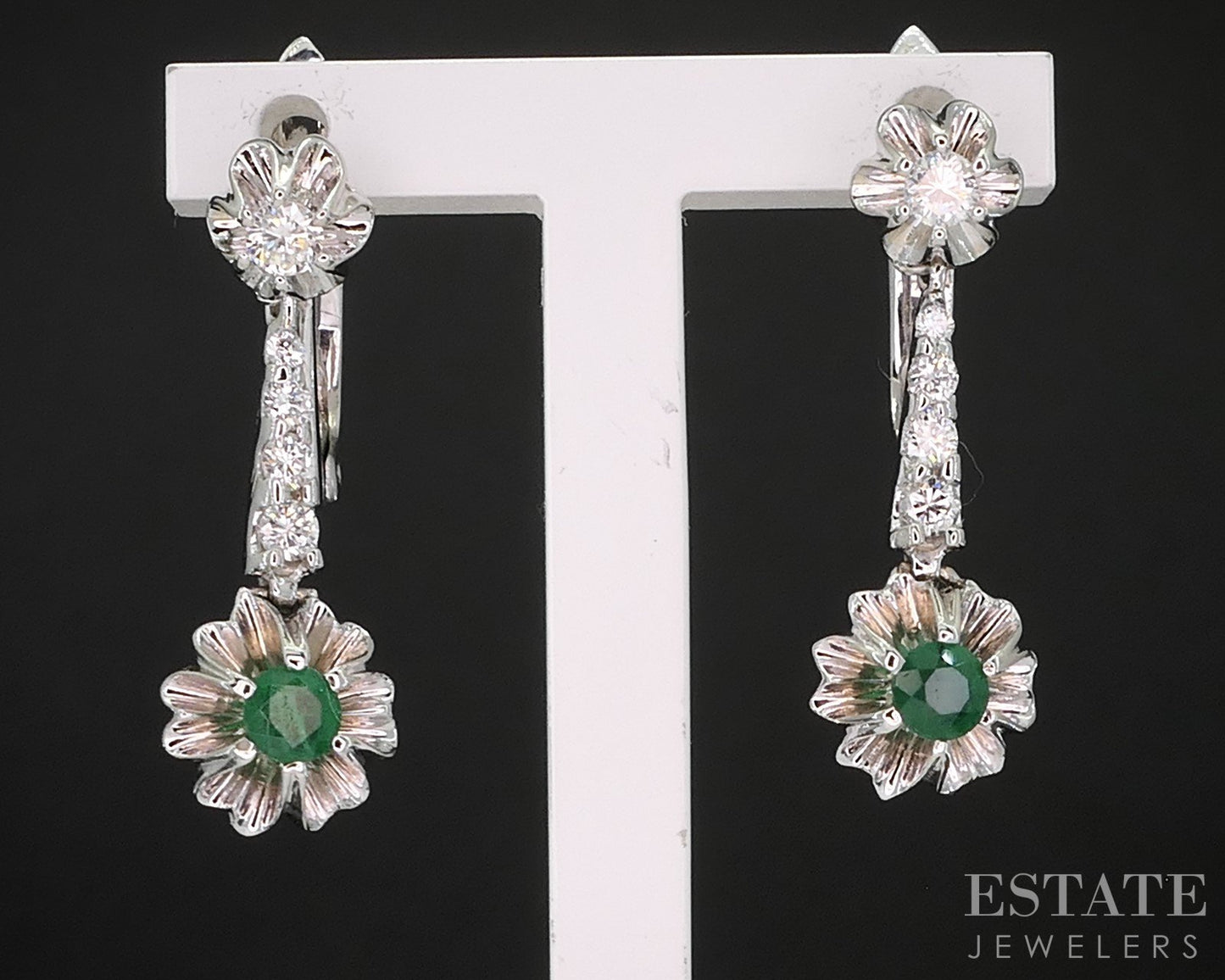 Vintage 18k White Gold Natural Emerald & Diamond Dangle Earrings 4.8g i19458