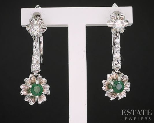 Vintage 18k White Gold Natural Emerald & Diamond Dangle Earrings 4.8g i19458