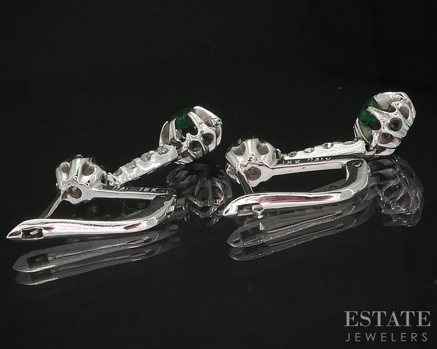 Vintage 18k White Gold Natural Emerald & Diamond Dangle Earrings 4.8g i19458