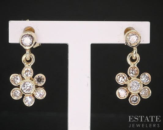 14k Yellow Gold Natural .38ctw Diamond Flower Dangle Earrings 2.4g i19441
