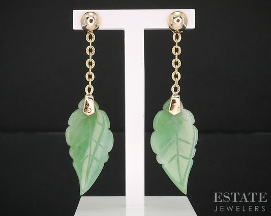 Vintage 10k Yellow Gold Natural Green Jade Leaf Dangle Earrings 4.2g i19531