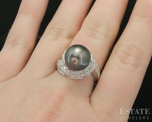 14k White Gold 11.8mm Tahitian Black Pearl & Diamond Ladies Ring 7.3g i19530