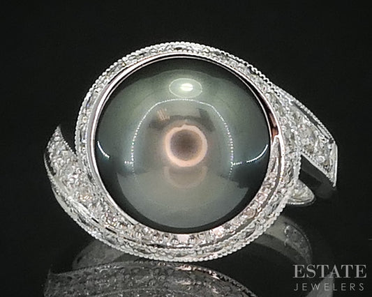 14k White Gold 11.8mm Tahitian Black Pearl & Diamond Ladies Ring 7.3g i19530
