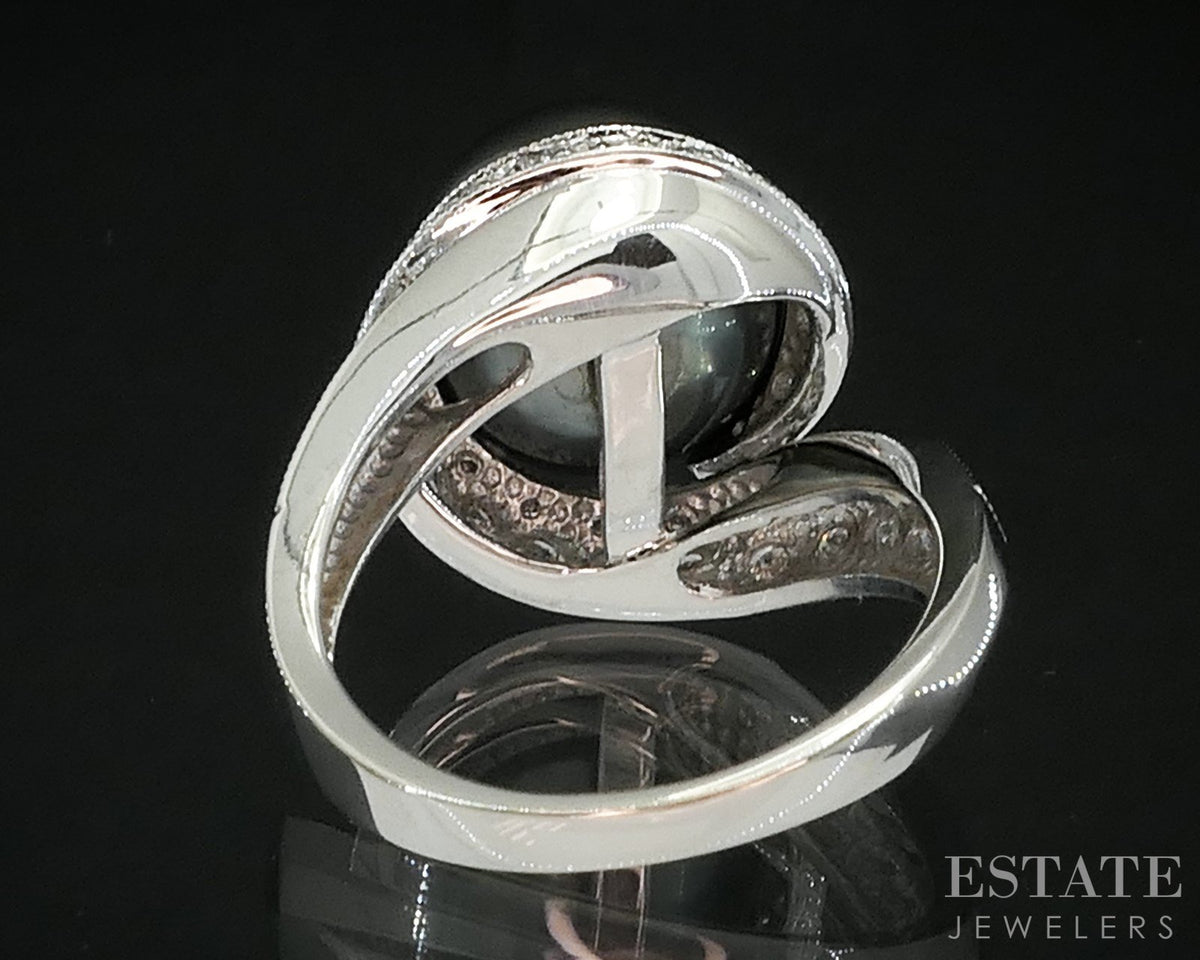 14k White Gold 11.8mm Tahitian Black Pearl & Diamond Ladies Ring 7.3g i19530