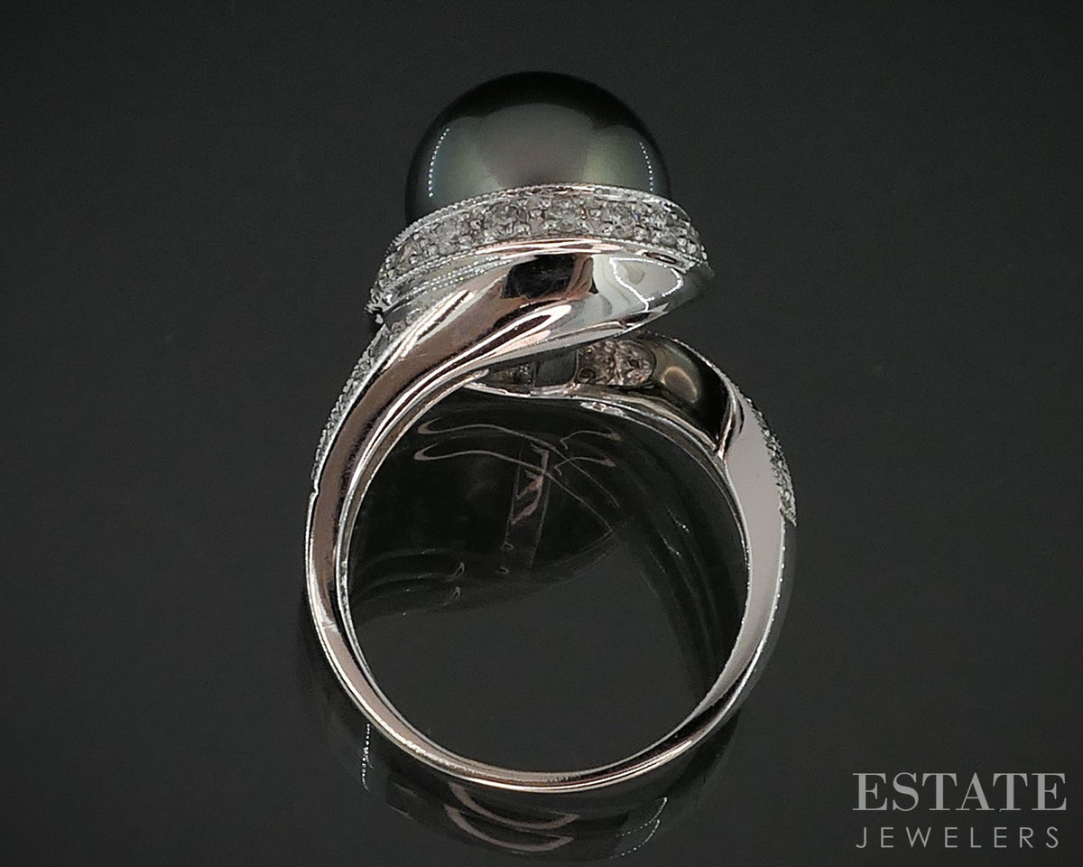 14k White Gold 11.8mm Tahitian Black Pearl & Diamond Ladies Ring 7.3g i19530