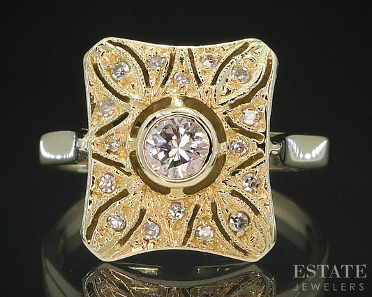 Vintage 14k Yellow Gold Natural .16ctw Diamond Filigree Shield Ring 4g i19529