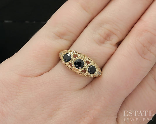 Vintage 14k Yellow Gold Natural Blue Sapphire & Diamond Filigree Ring 3g i19526