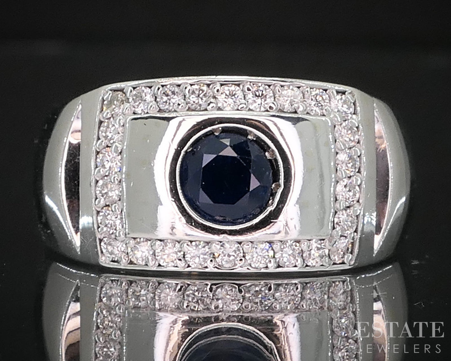 14k White Gold Natural Blue Sapphire & Diamond Mens Band Ring 9g i19522