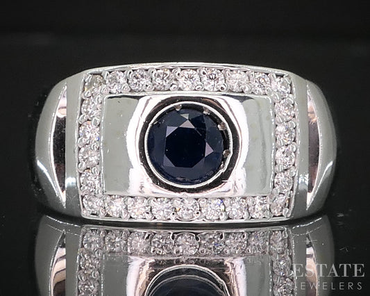 14k White Gold Natural Blue Sapphire & Diamond Mens Band Ring 9g i19522
