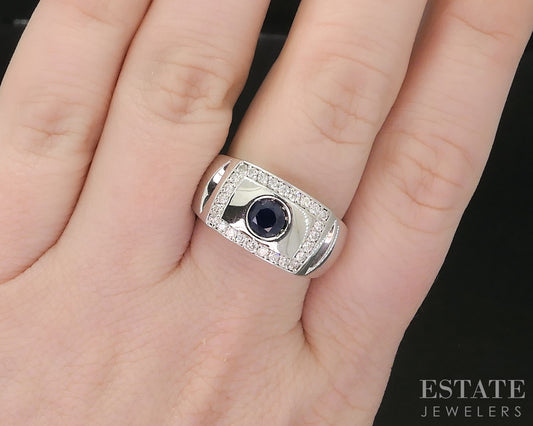 14k White Gold Natural Blue Sapphire & Diamond Mens Band Ring 9g i19522